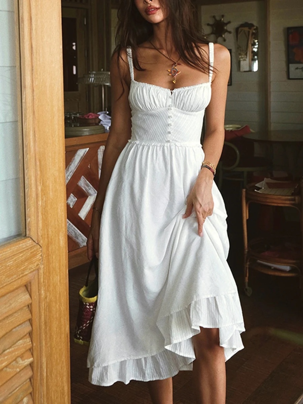 Commense Ruffle Hem Cami Plain Midi Dress